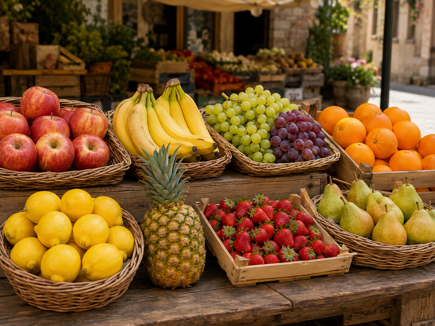 A French market stall displaying apples, bananas, grapes, oranges, lemons, a pineapple, strawberries and pears