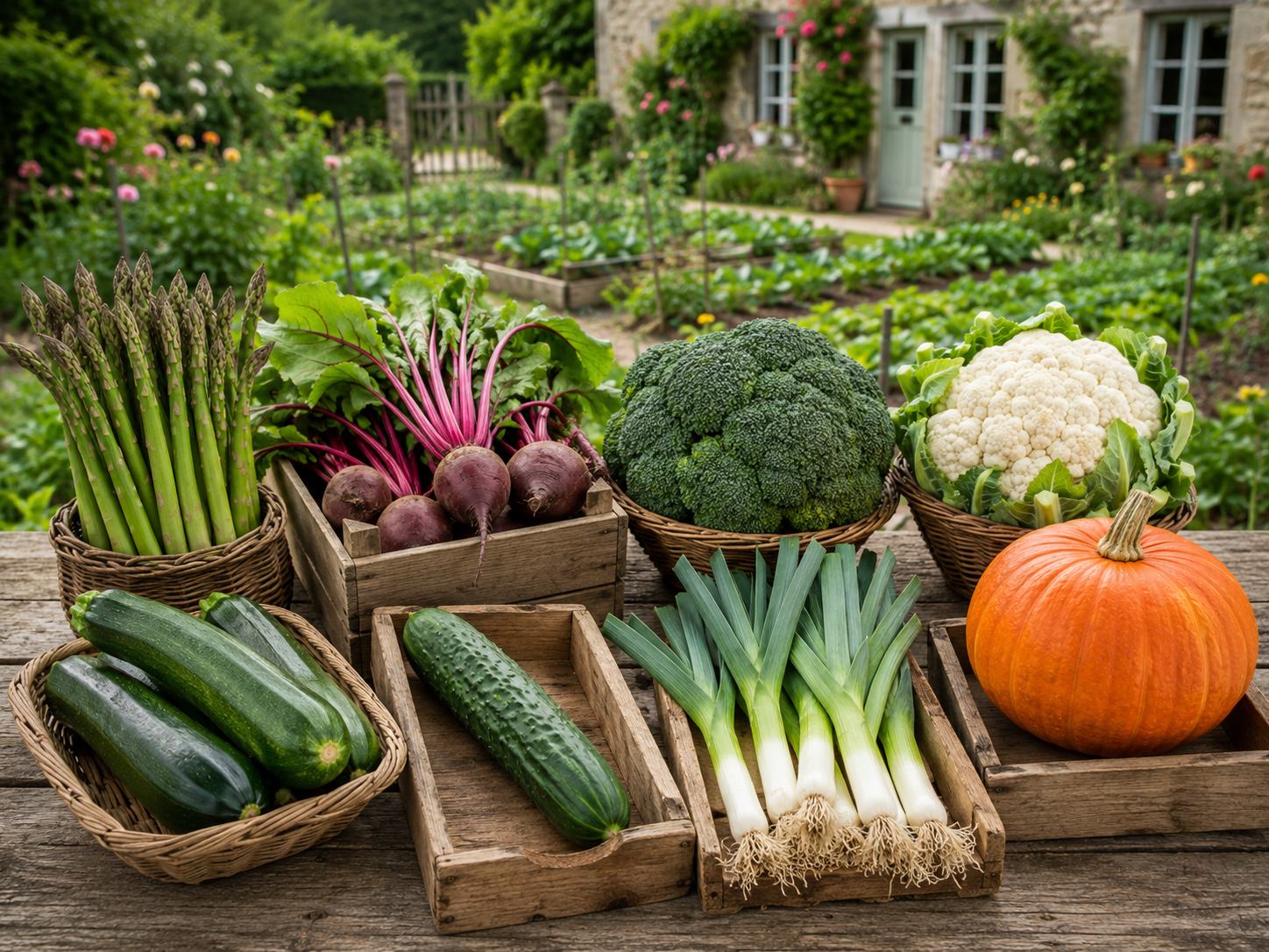Freshly harvested asparagus, beetroot, broccoli, cauliflower, courgettes, cucumber, leeks and a pumpkin displayed beside a French vegetable garden